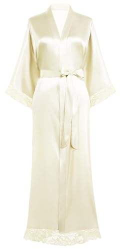 BABEYOND Women's Beige Satin Kimono Robe Long Bridesmaid Wedding Bath Robe with Lace Trim