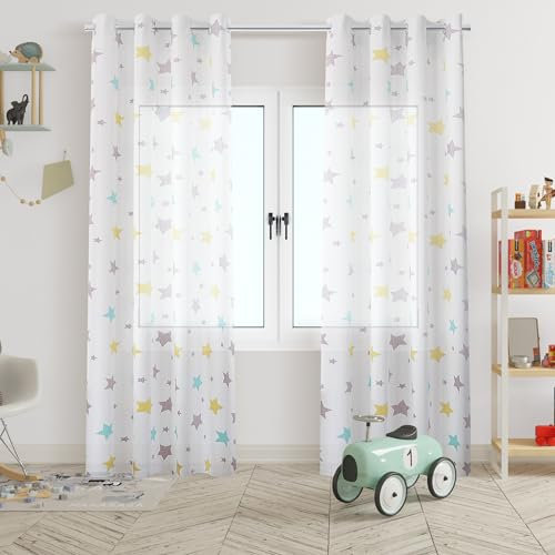 HOMEYA - Cortina Infantil Transparente 2 Unidades de 140 x 260 cm - Visillo jovenil con diseño Estrella, Tranparente filtra la luz, Cortina para habitación 100% Poliéster