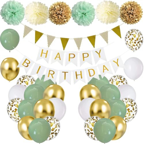 Geburtstagsdeko Grün Gold, Geburtstag Party Deko Avocado Grüne Gold Luftballons, Happy Birthday Banner, Pompons 18-60.Geburtstag Party Dekoration