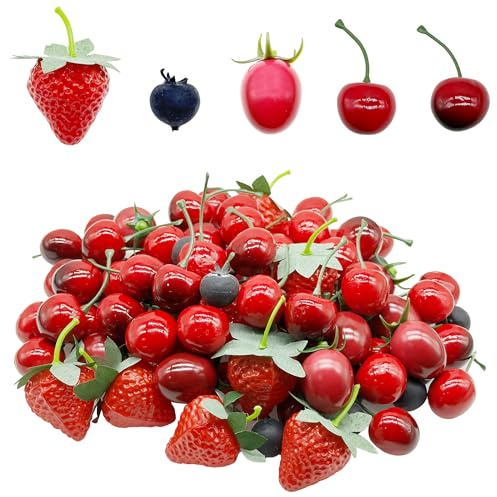 Woohome 100 Pz Frutas Artificiales, Artificiales Fresa Decoracion, Cerezas Artificiales Frutas, Simulación de arándanos para Decoración de Fiesta, Hogar, Cocina, Fotografía