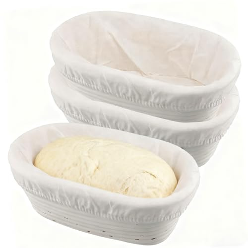 YUENPUN 3 cestini per lievitazione pane da 25 cm, ovali in rattan, con fodera in tessuto di lino, per cottura artigianale e uso domestico