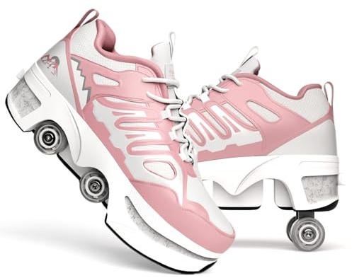 Rollschuhe Kinder, Schuhe mit Rollen für mädchen, 2-in-1 Rollschuhe Schuhe mit Versteckten Rädern - Quad Skates für Fitness, Freizeit und Urban Skating - Damen Herren, Pink-35