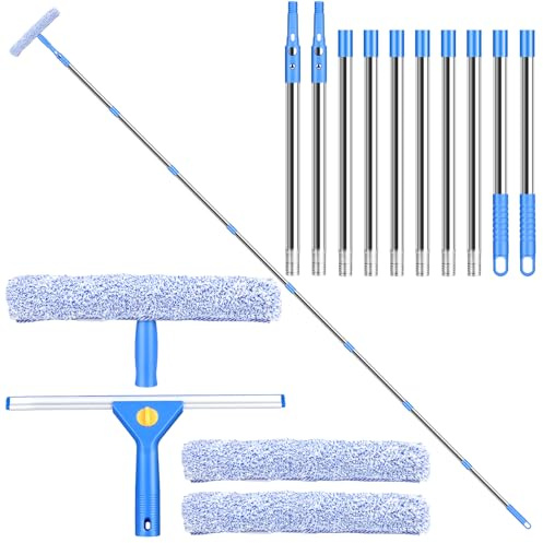 10Ft(3m) Window Cleaning Equipment with Long Handle, Telescopic Window Cleaning Tool Kit, 35cm Washing Squeegee & 38cm Scrubber, Window Cleaner Extendable for High Windows, Shower Glass, Car, RV