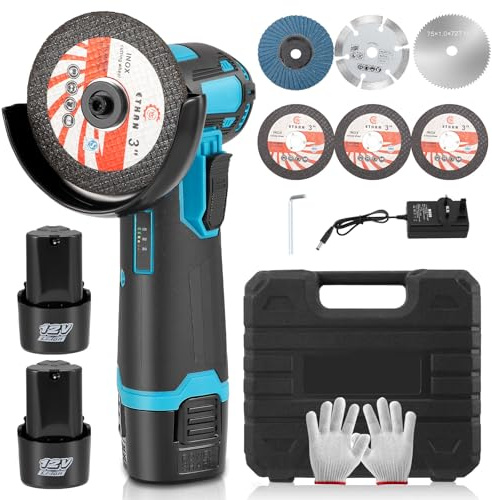 Mini Angle Grinder,Brushless Cordless Angle Grinder with 2PCS 2000mAh Batteries,12V 19500RPM Mini Grinding Machine with 76mm Side Disc,Saw Blades,Storage Box,for Cutting Polishing and Grinding