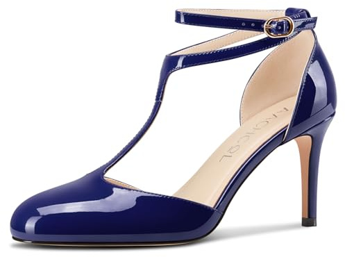 Aachcol Femmes Rond Bout T-Strap Aiguille Haut High Talon Heel Lanières Cheville Mary Jane Escarpins Bureau Party Dress Chaussures 8 CM Heels Bleu Marine 38 EU