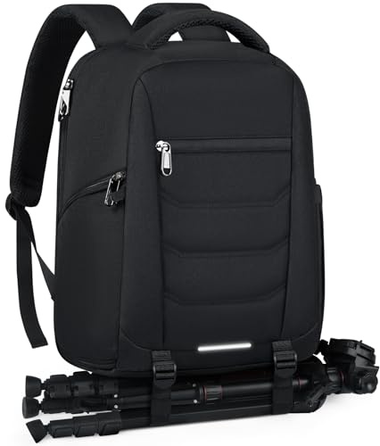 RAINSMORE Mochila Camara Fotos, Mochilas Fotografia, Bolsa Camara Reflex con Compartimento para Portátil de 14 y Funda Impermeable para Canon, Nikon y Sony Negro