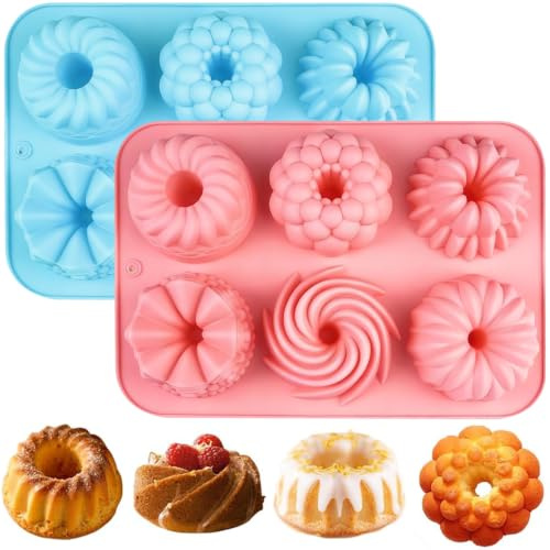 YXHZVON Stampo in silicone per torte Savarin, 2 stampi per ciambelle, 6 cavità, antiaderente, per cuocere ciambelle, biscotti, bagel, muffin, blu e rosa