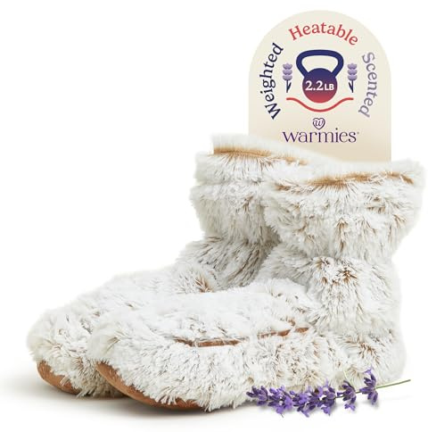 warmies Microwaveable House Slipper Boots for Women - Women's Shoe Sizes 6-10 - Faux Fur Memory Foam Feet Warmers - Microwave Boots for Quick Warmth - Lavender Scented Relief for Cold Feet - Brown