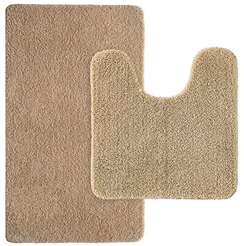 MIULEE Badematte Duschvorleger Badvorleger Flur 2er Set rutschfest Matte Teppiche Badteppich Badezimmerteppich Waschbar Saugfähig für Bad Wohnzimmer 40x60 cm und 45x45 cm mit Ausschnitt Beige