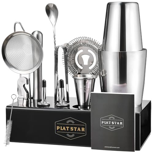 Plat Star Mixology Bartender Kit with Stand, Home Bar Set Cocktail Shakers Bartending Kit, Bar Tools Boston Shaker Set, Professional Drink Mixing Martini Making Barware with Recipe Book