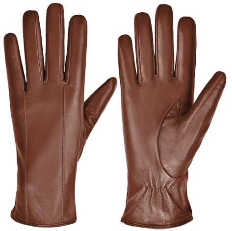 MGGMOKAY Damen Lederhandschuhe Touchscreen Handschuhe Warm Echtes Leder mit Kaschmir Gefüttert,Rötlich-braun,XL