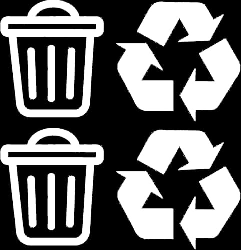 Pack of 4 Bin and Recycle Decals Waterproof Bin Decoration 2 of Each Design - Wheelie Bin Stickers - Kitchen Wall Art - Office Pub Cafe Recycling Labels (White, Small)