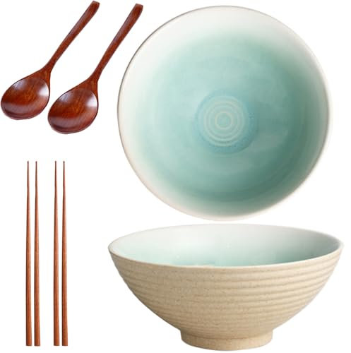 Sightday Ramen Bowl Set of 2 (Bowl, Ceramic for Pasta, Snack, Soup, Salad, Cereal, Large, Beige, Noodle Spoons, Chopsticks)