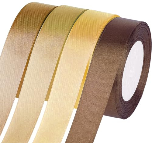 Jyvex presentband guld brun, 25 mm x 22 meter satinband guld brun, 4 rullar 88 m band för presentförpackning, hantverk, födelsedag och bröllopsdekoration