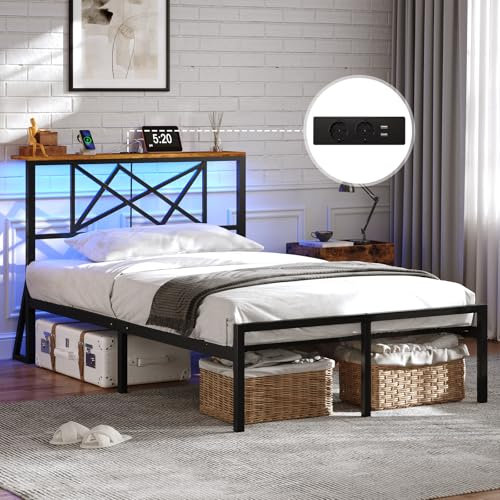DICTAC Bettgestell 90x200 mit LED Beleuchtung, Bett 90x200 mit Steckdose und 2 USB, Einzelbett mit Holzkopfteil, Metallbett mit Lattenrost aus Metall, Bettrahmen mit Stauraum unter dem Bett, Höche 32