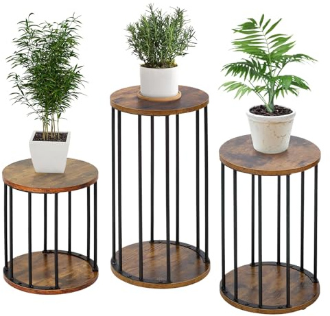 HDANI Set med 3 runda metallväxthållare 35/45/55 cm, fast och robust blomstativ för vardagsrum, trädgård, balkong, träblomstol, vintage brun och svart