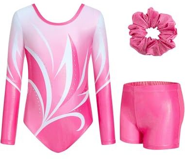 JiAmy Justaucorps de gymnastique pour filles avec short, manches longues pour enfants de 3 à 12 ans, Ensemble de géométrie rose, 3-4 ans