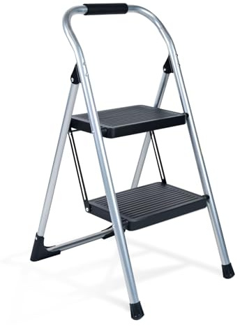 Step Stool for Adults,2 Step Ladder Folding 330lbs Anti Slip Step Stool,Foldable Ergonomic 2 Steel Stool with Wide Pedal for Home, Kitchen, Office (Sliver)