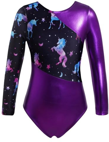 KHASCBNF Gymnastik trikåer för flickor flickor glänsande gymnastisk trikåer balett bodysuit nät långärmad nyckelhål rygg metallisk kontrast figur skridskoåkning overall (lila, 8)