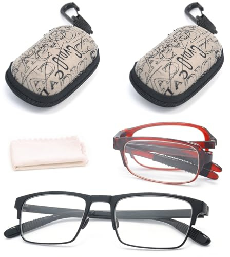 GWEOR 2 pcs Gafas de lectura flexibles,200 grados Filtro de Luz Azul Gafas de Lectura Plegables,con Estuche Portátil, antichoques,antiarañazos,antideslizantes,unisex