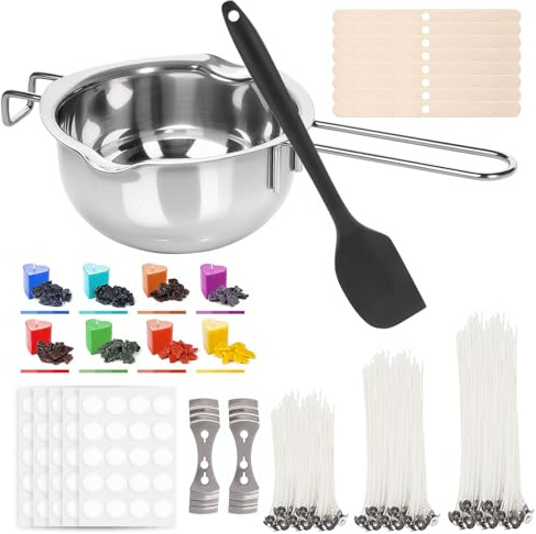 Ayxnzjsjm Kit Fabrication Bougie Kit Bougie a Faire Soi avec 600mL Creuset, 100 Mèches de Bougie, 8 Colorant Bougie, 100 Autocollants Pour Bougies, 8 Porte-Mèche, 2 Porte-Mèche en Métal
