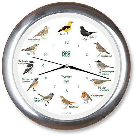 KOOKOO Singvögel Chrom, Die Singende Vogeluhr, mit 12 heimischen Singvögeln und echten, natürlichen Vogelstimmen, mit RC Funkquarzwerk