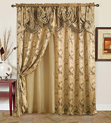 Golden Rugs Jacquard Luxury Curtain Window Panel Set Curtain with Attached Valance and Backing Bedroom Living Room Dining 112”X84” Jana Collection (Taupe)