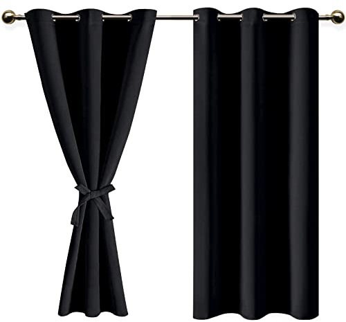DWCN Black Blackout Curtains with Tiebacks for Bedroom Thermal Insulated Solid Eyelet Curtains for Living Room,2 Panels,46 Wide x 54 Drop