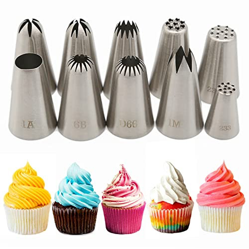 Set di 10 beccucci professionali per pasticceria, bocchette per tuyauterie (1M, 2D, 2F, 4B, 6B, 1A, D66 e 233, 234, 234M), bocchette Crema per decorazione muffin e cupcake