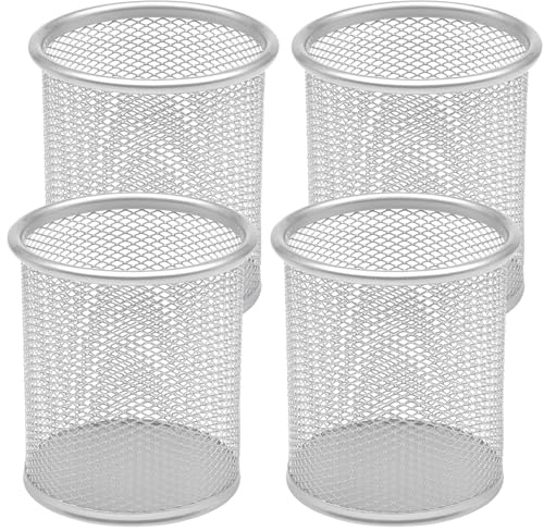 DIFIT Portalápices de metal, 4 unidades, bote plateado para lápices, de malla, portátil, duradero, para escritorio, soporte para bolígrafos para oficina, aprendizaje, escuela, hogar, redondo