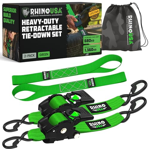 Rhino USA Retractable Ratchet Straps (2-Pack) - 5cm x 3m, Green | 1,360kg (3,033lb) Heavy Duty Auto Self Retracting Tie Downs. For Truck, Cargo Trailer & Motorcycle. Green