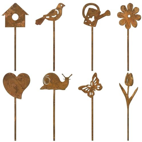 BOFUNX 8PCS Signes de Cour Signe de Pelouse en Fer Rouillé Forme de Fleur Oiseaux Cœur Papillon Panneaux Piquets de Jardin Décorations Printemps Extérieures Pelouse Clôture