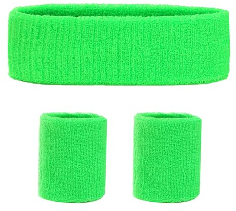Juego de 3 bandas para el sudor y diademas, estilo retro, neón de los años 80 y 90, color verde