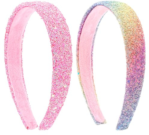 Dimeho Glitter Headbands for Girls, 2 Pcs Sparkly Wide Headband Plastic Cute Non Slip Hairbands Thick Bling Fashion Hairband Colorful Rainbow Hair Accessories for Women Girls