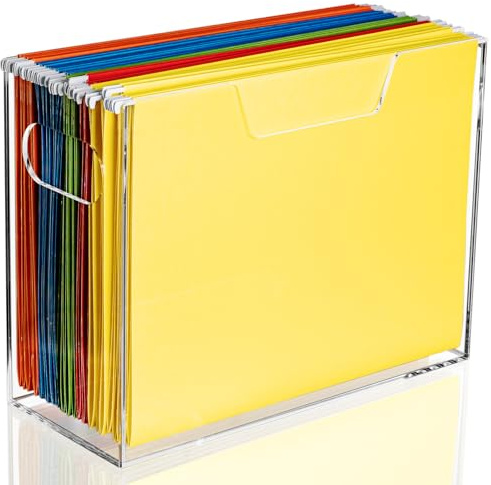 Aphbrada Acrylic Hanging File Folder Organizer Box, Clear File Storage Organizer Desktop Filing Box with Handles for Letter Size/A4, Portable Folder Holder for Office, Home, School