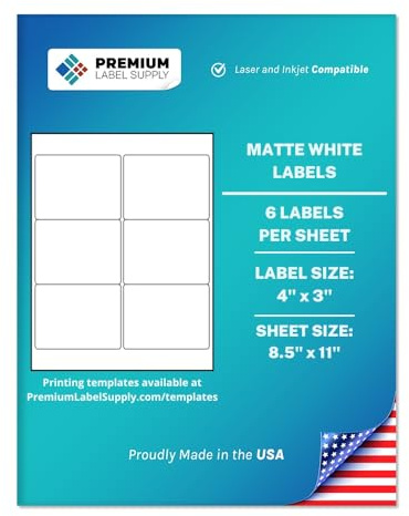 Premium Label Supply White Sticker Labels – 4 x 3 – Laser/Inkjet Compatible – (6 per Sheet), 25 Sheets – 150 Total Adhesive Labels