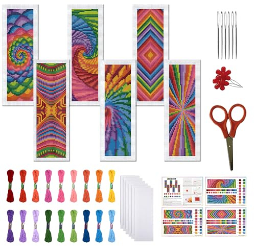 FREEBLOSS Juego de 6 marcadores de punto de cruz, kit de bordado con patrón de flores, marcadores de puntada, marcadores de libros de bricolaje, kits de punto de cruz impresos con instrucciones para
