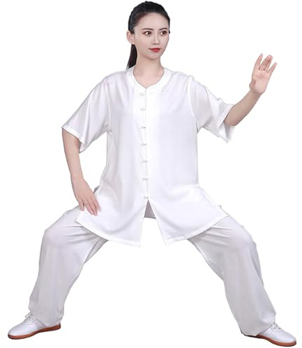 Uniforme de Tai Chi para Mujer, Traje Tradicional Chino de Kung Fu, Ropa de Artes Marciales de Manga Corta para Meditación Zen, Wing Chun/Uso Diario en Casa,White-L