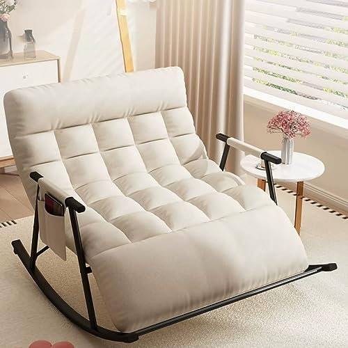 Comfortable Modern Indoor Rocking Chair with Cotton Pad - Ergonomic Lounge Chair for Bedroom & Balcony, Zero Gravity Design, Upholstered with Armrest Bag (White)