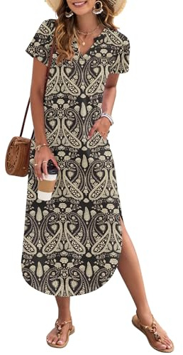 AUSELILY Women's Summer Casual Maxi Dress Short Sleeves V Neck Loose Sundress Split Long Beach Shirt Dress Vacation Boho Floral Black XXL