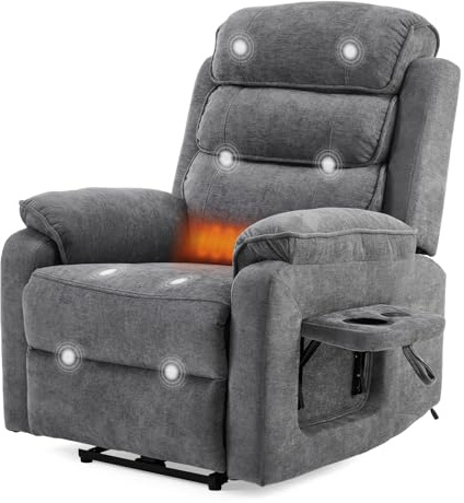 Bonnlo Electric Recliner Chair with Massage & Heat, Extended Footrest Armchair Thick Padded Seat Adjustable Legrest, USB and Type-C, Cup Holder,for Elderly, Adult, Chenille, Dark Grey (Dark Grey)