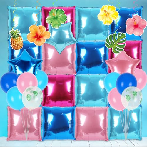 FYSUIMU 54 Pcs Blue Pink Cartoon Birthday Decoration Square Foil Balloons Luau Party Photo Backdrop 19 In Square Balloon Tunnel Arch Garland Kit Star Foil Latex Balloons Swirls for Princess Birthday