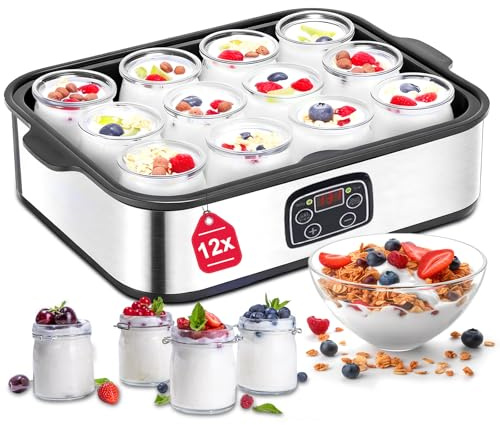 Joghurtbereiter 25W inkl 12 Glasbehälter à 180 ml Gesamtkapazität 2160 ml Digitaler Yogurt Maker mit Temperatur- und Timer Griechischer Joghurtmaschine mit LCD Display Perfekt für den Heim-Bio-Joghurt