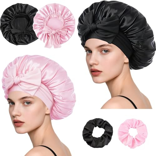 Loomify 2 Stycken Satäng Sovmössa, Justerbar Sidenmössa för Hårvård, Satängbonnet med Scrunchie för Kvinnor (Svart/Rosa)