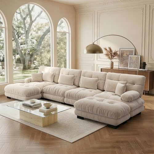 SoarTalent Sofá Modular 4 Plazas 406 cm con 2 Reposapiés, Modular en Forma de U, Tela Chenille, Estructura de Madera, Color Café Claro