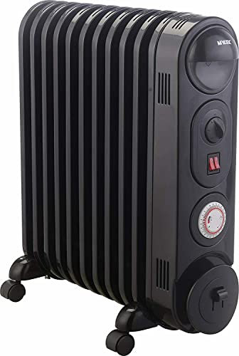 MYLEK Oil Filled Radiator Heater Electric, Portable 2KW Black, Thermostat and 24hr Repeat Timer, 3 Heat Settings, Unique Safe Panel Fin Design (2000W Black)