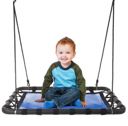 Platform Tree Swing for Kids - Swing Set, Tree Branch, or Playground - 40x30in Rectangular Platform for Kids with Adjustable Rope - Outdoor Activities by Hey Play (Blue/Black)