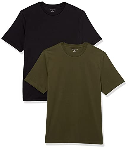 Amazon Essentials T-shirt en Coton à Col Rond à Manches Courtes, Coupe Classique Homme, Lot de 2, Noir/Vert Olive, M