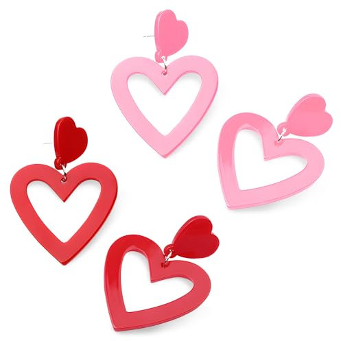 2 Paar Herz Creolen - Acryl Liebes Ohrringe für Frauen und Mädchen (Rot + Rosa)