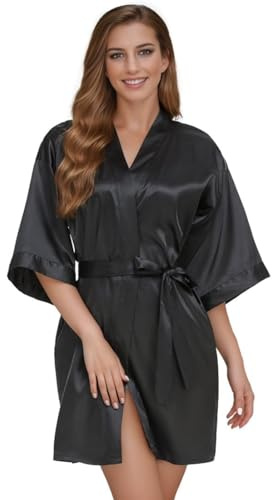 flintronic Women's Satin Kimono Robe, Lightweight Luxury Dressing Gown, Short Nightdress Bridal Robe with 3/4 Sleeve, Dressing Gown with Oblique V-Neck, for Spa/Hotel/Loungewear Sleepwear